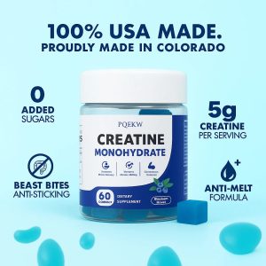 This is the PQEKW Creatine Monohydrate Dietary Supplement in blueberry flavor. Each bottle contains 60 gummies. It is claimed to enhance strength, promote muscle recovery, and assist in the production of adenosine triphosphate (ATP).