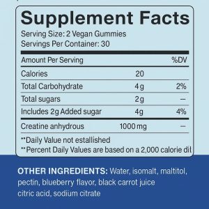 This is the PQEKW Creatine Monohydrate Dietary Supplement in blueberry flavor. Each bottle contains 60 gummies. It is claimed to enhance strength, promote muscle recovery, and assist in the production of adenosine triphosphate (ATP).