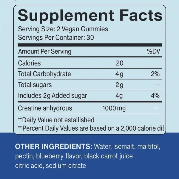 This is the PQEKW Creatine Monohydrate Dietary Supplement in blueberry flavor. Each bottle contains 60 gummies. It is claimed to enhance strength, promote muscle recovery, and assist in the production of adenosine triphosphate (ATP). - Image 2