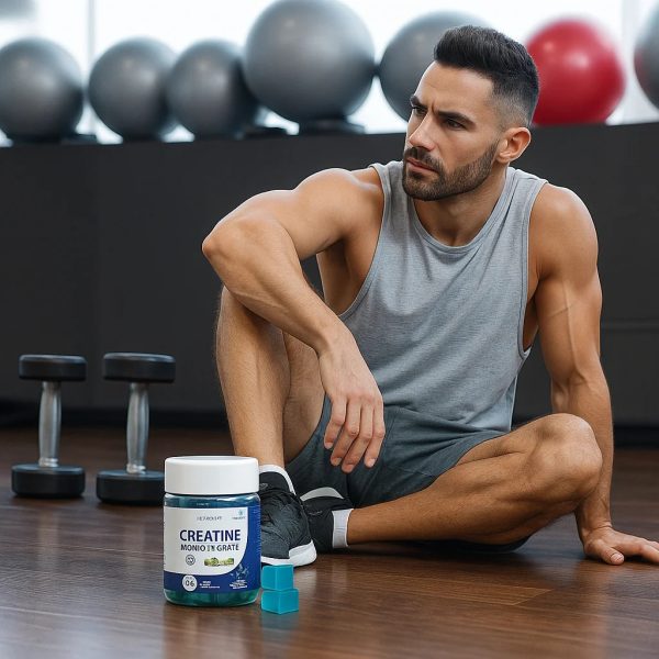 This is the PQEKW Creatine Monohydrate Dietary Supplement in blueberry flavor. Each bottle contains 60 gummies. It is claimed to enhance strength, promote muscle recovery, and assist in the production of adenosine triphosphate (ATP). - Image 3