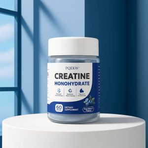 This is the PQEKW Creatine Monohydrate Dietary Supplement in blueberry flavor. Each bottle contains 60 gummies. It is claimed to enhance strength, promote muscle recovery, and assist in the production of adenosine triphosphate (ATP).