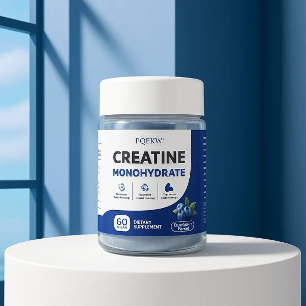 This is the PQEKW Creatine Monohydrate Dietary Supplement in blueberry flavor. Each bottle contains 60 gummies. It is claimed to enhance strength, promote muscle recovery, and assist in the production of adenosine triphosphate (ATP). - Image 4