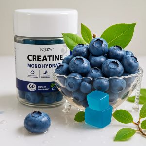 This is the PQEKW Creatine Monohydrate Dietary Supplement in blueberry flavor. Each bottle contains 60 gummies. It is claimed to enhance strength, promote muscle recovery, and assist in the production of adenosine triphosphate (ATP).